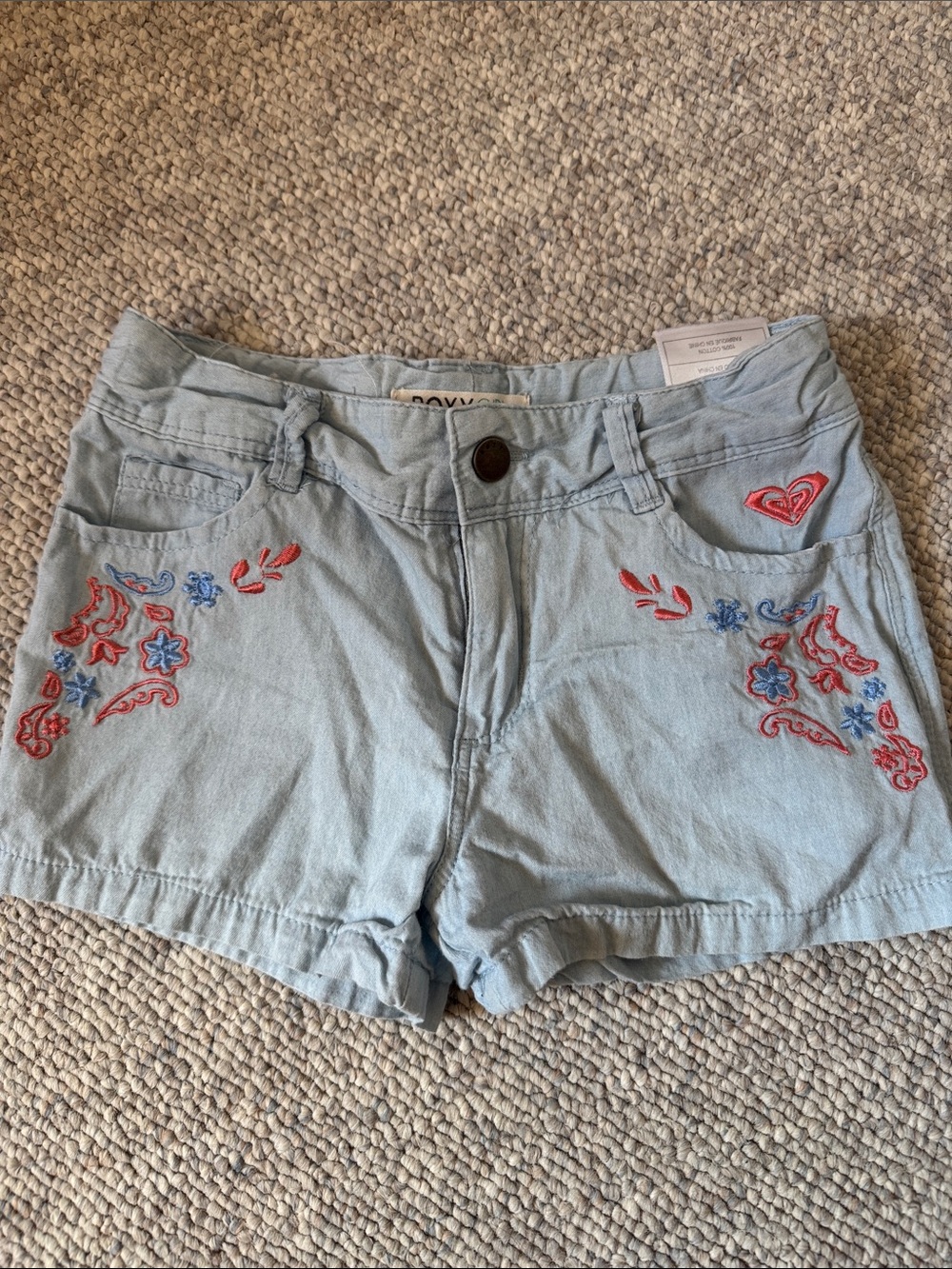 Roxy Light Blue Denim Looking Shorts with Coral Pink & Blue Embroidery